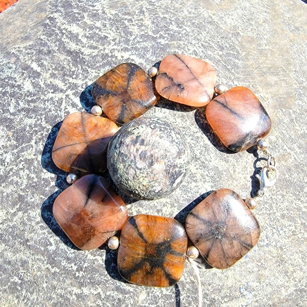 RARE 21.8mm Andalusite Cross Stone 7"  Beaded Bracelet Chiastolite Healing 230ct